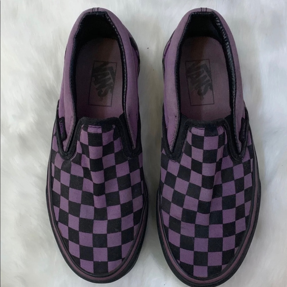 Black and purple checkered Vans shoes